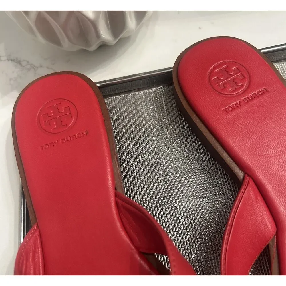 Tory Burch Benton Thong Red Leather Sandals Size 9M Gold Logo